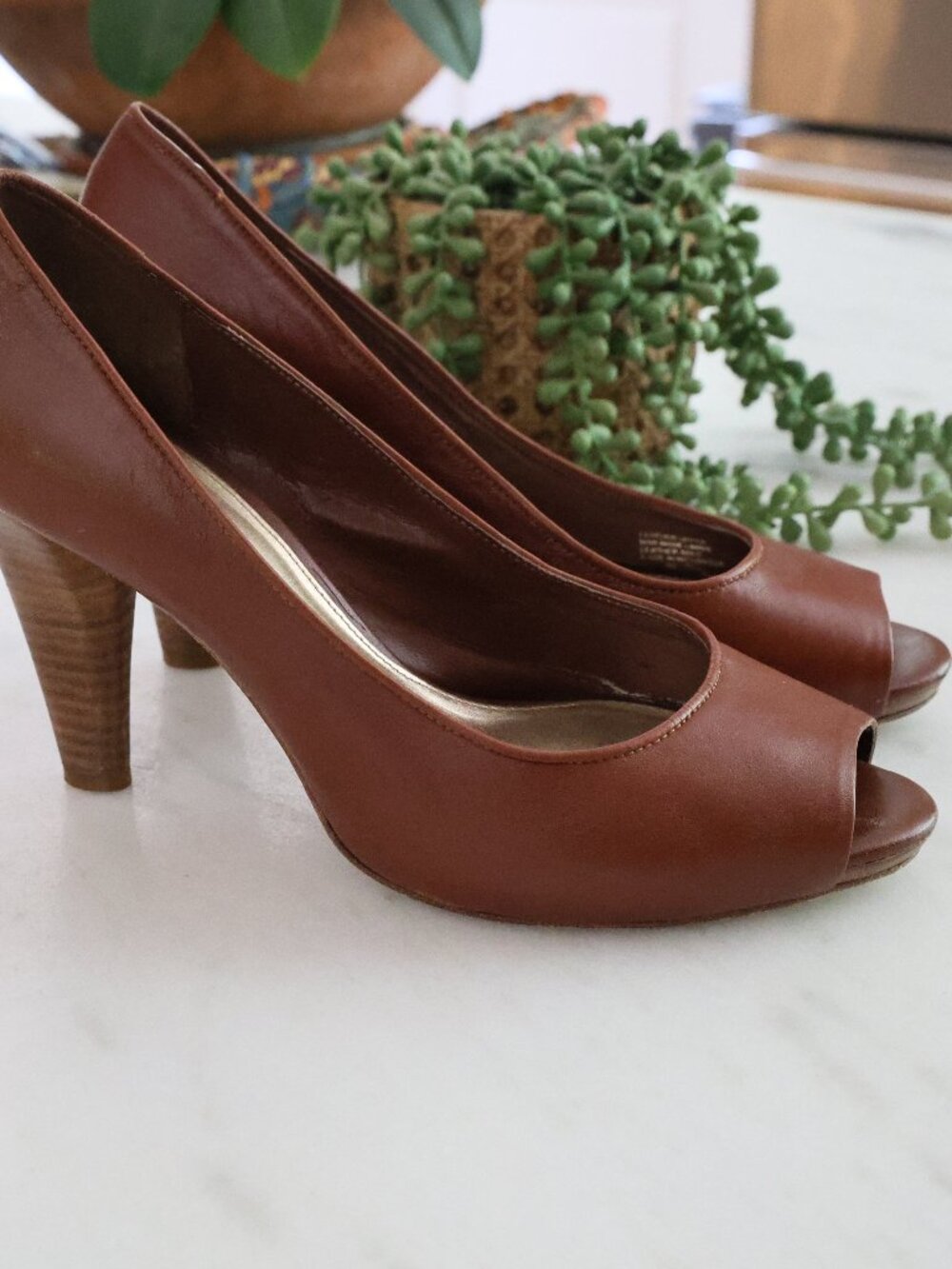 ANTONIO MELANI Peep-Toe Chocolate Leather Pumps Wood Heel